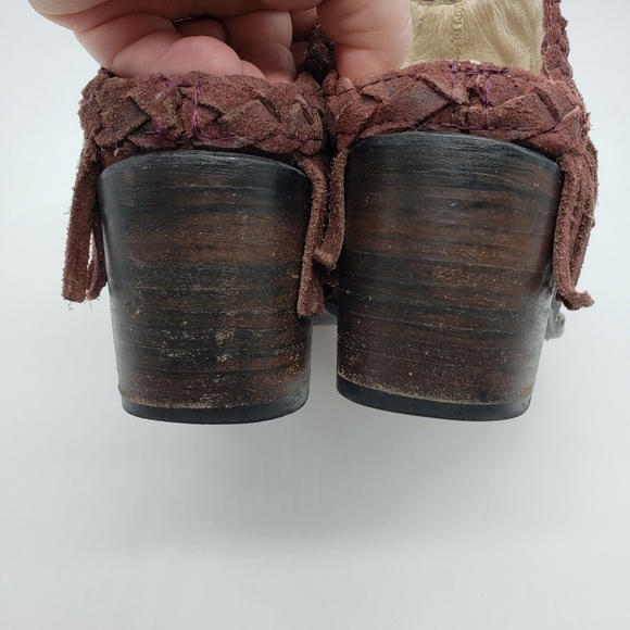 FREEBIRD women US 8 burgundy mules braid fringe suede stacked block heel leather - Picture 7 of 13
